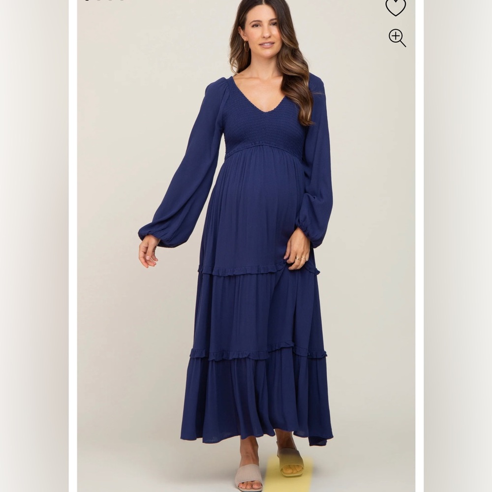 PinkBlush Maternity Navy Blue Smocked Tiered Maternity Midi Dress